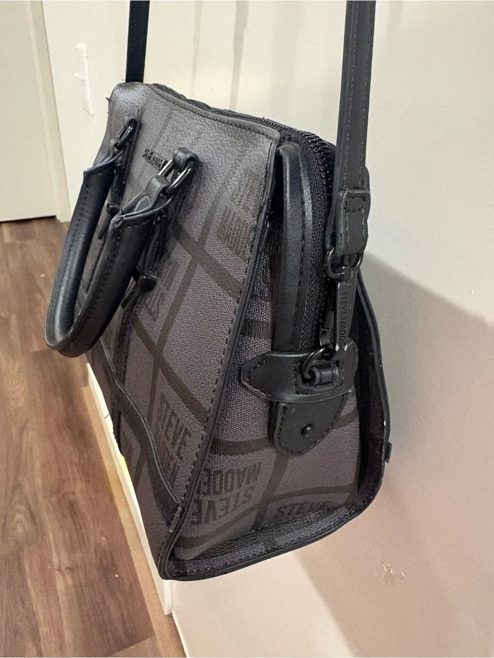 Steve Madden Black and Gray Logo Grid Satchel